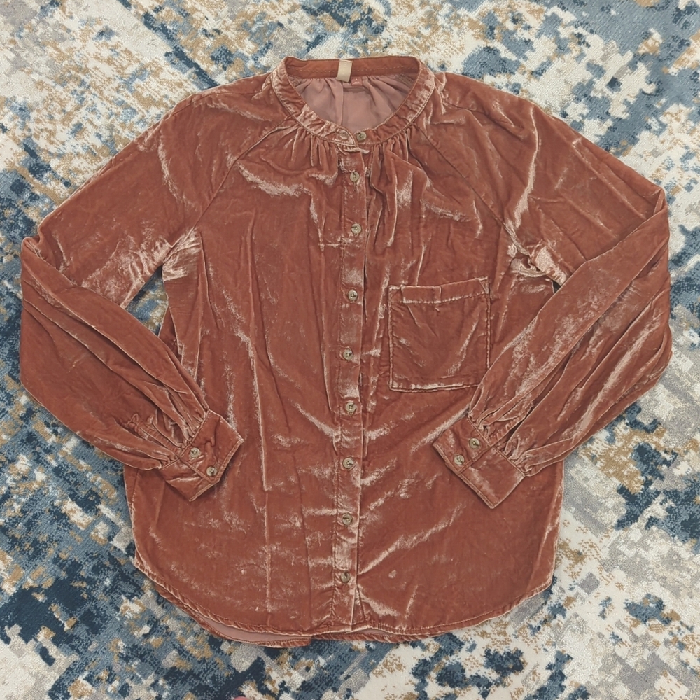 Pilcro Blush Pink Peach Velvet Button-Up Shirt - Women's Small Holiday Party